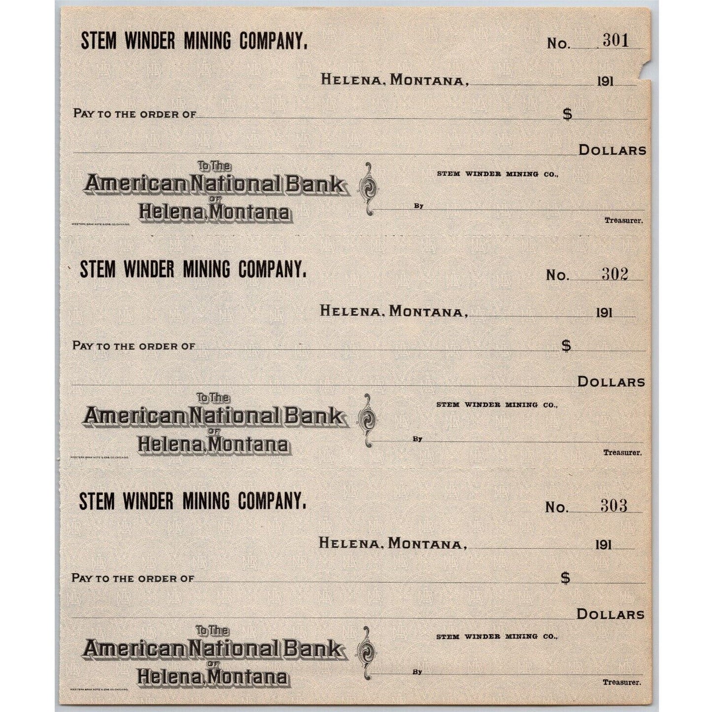 Helena Montana Stem Winder Mining Co. American National Bank Check Sheet 1910