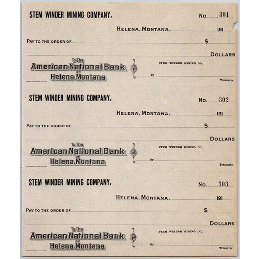 Helena Montana Stem Winder Mining Co. American National Bank Check Sheet 1910