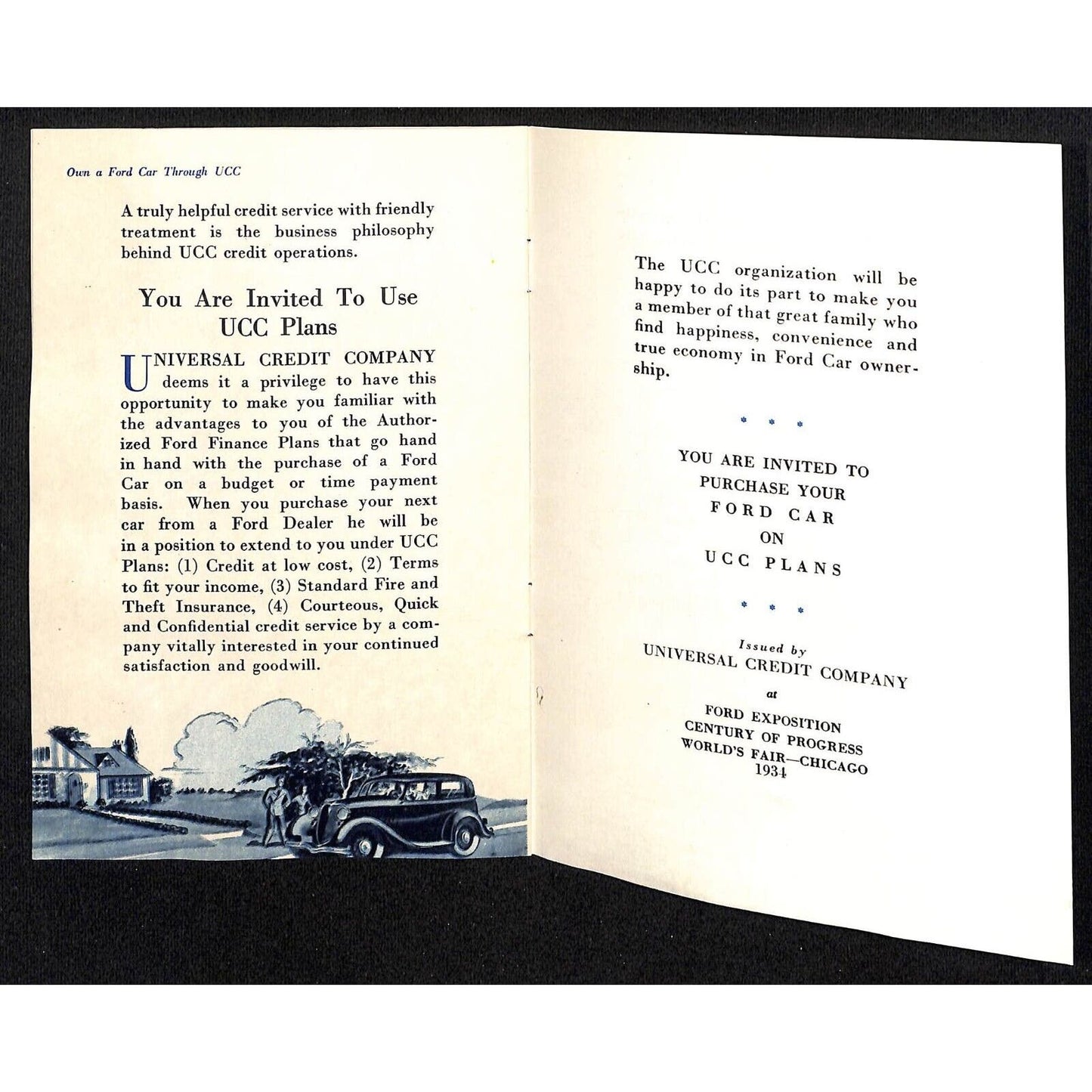 "Own a Ford Car Through UCC" Brochure 8pp & Cover 1934 Chicago World's Fair VGC