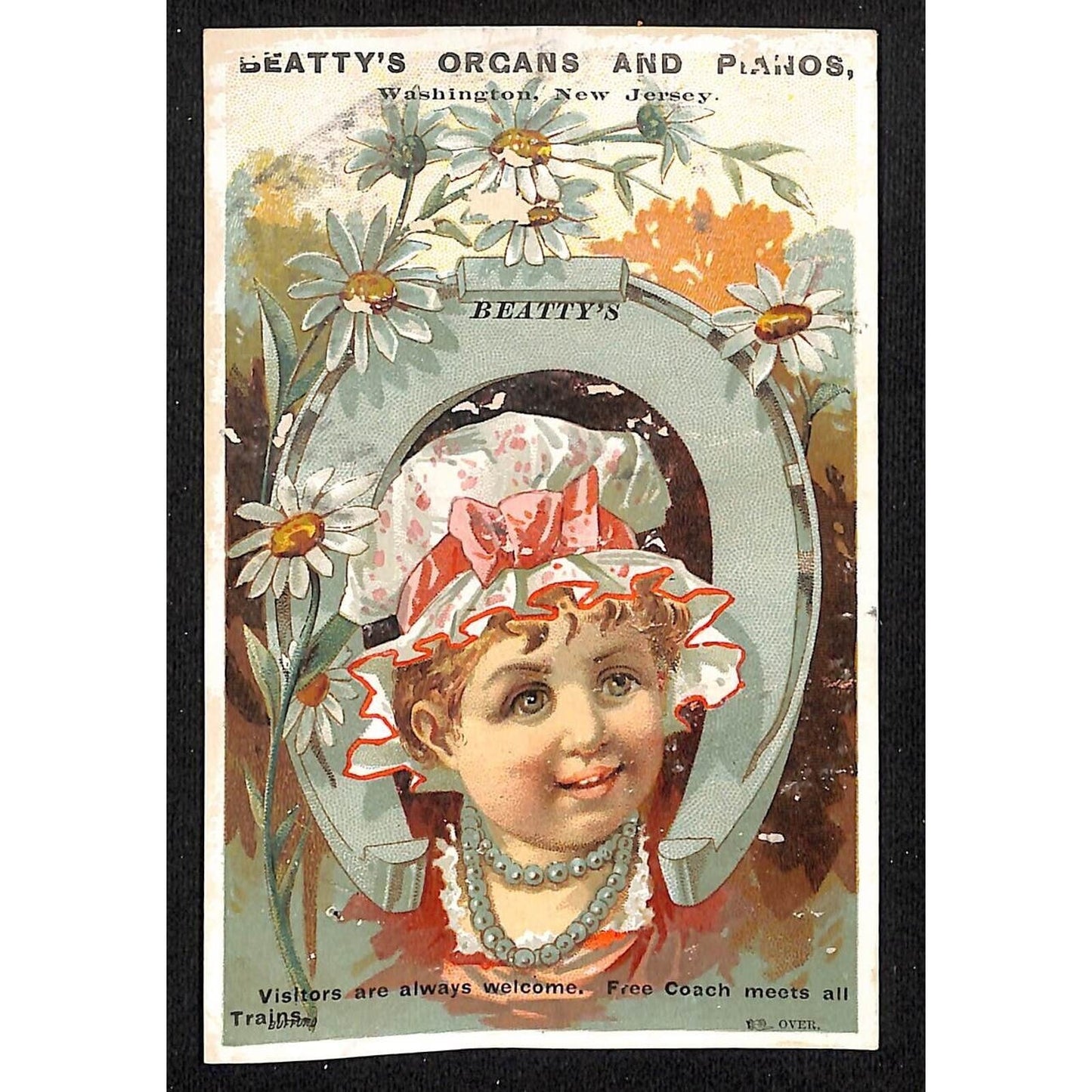 Beatty's Organs and Pianos Washington NJ Victorian Trade Card Horse Shoe Child