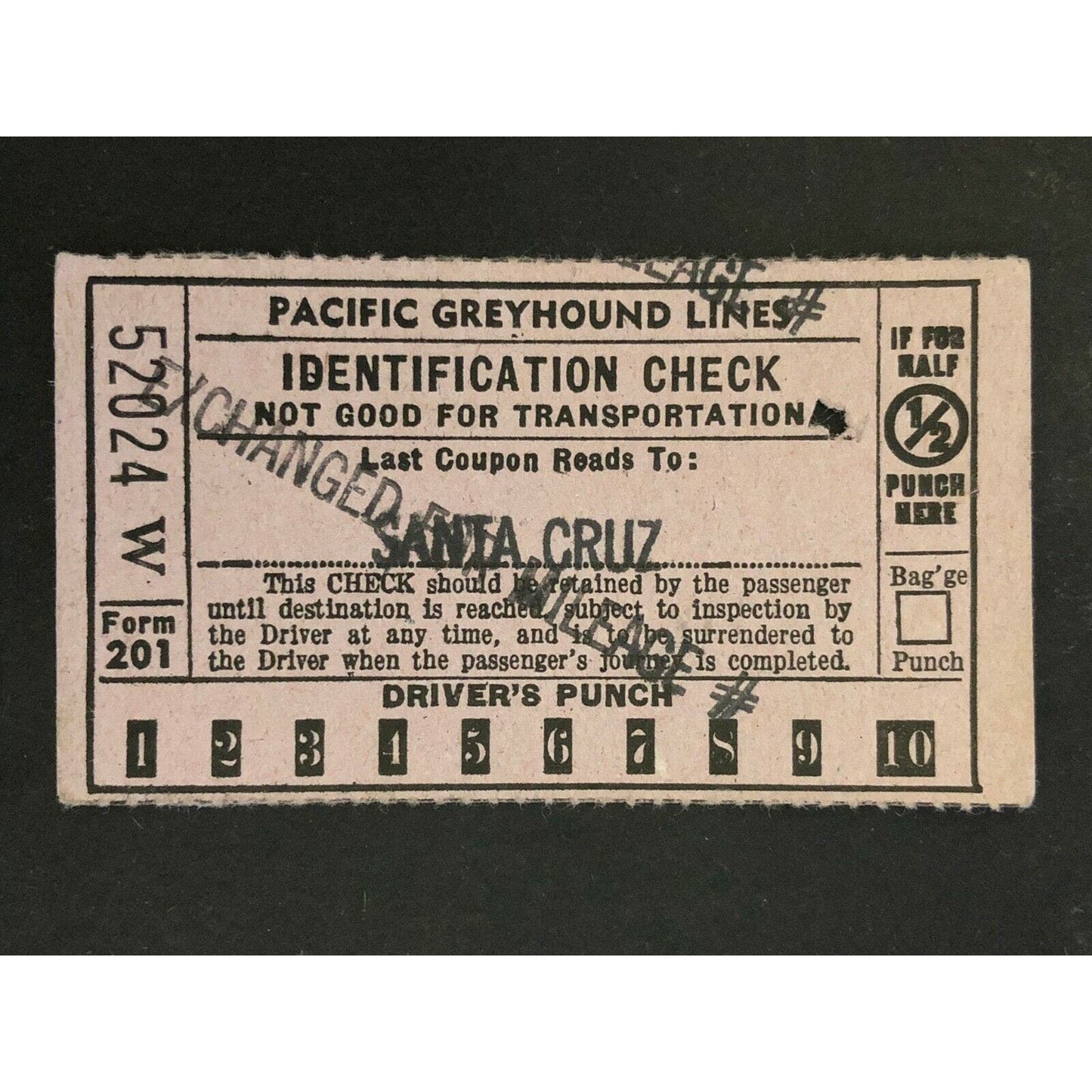 Pacific Greyhound Bus Lines I.D. Check / Ticket "Santa Cruz" 52024 c1945-1955