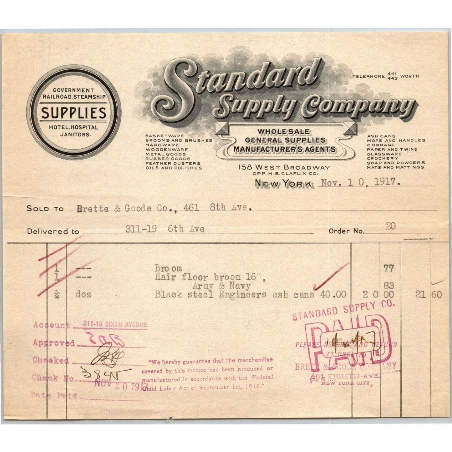 1917 Standard Supply Co. Railroad Hotel Billhead Letterhead 158 W. Broadway NYC