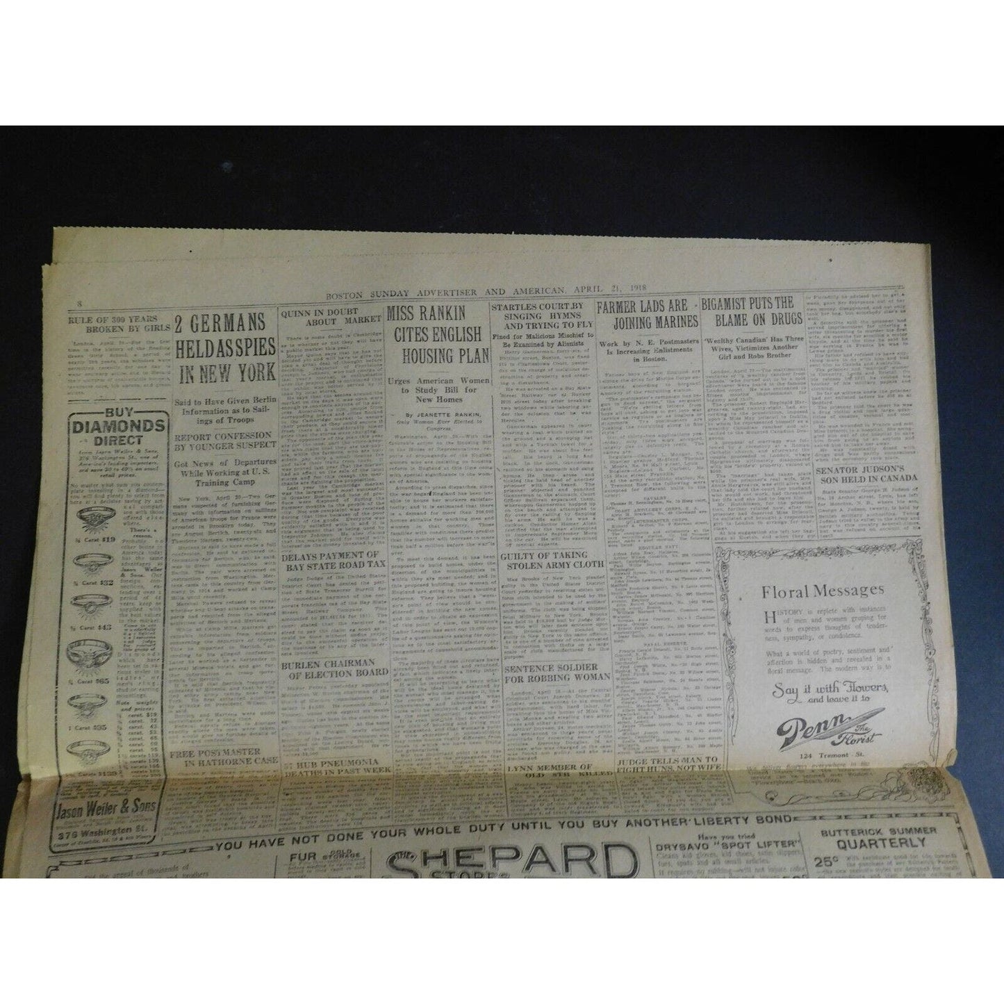 WWI Era Newspaper - Boston Sunday Advertiser - April 21 1918 - 4 pgs.