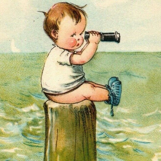 Vintage Postcard c1915 Infant Sitting on Pier Piling Looking Through Telescope