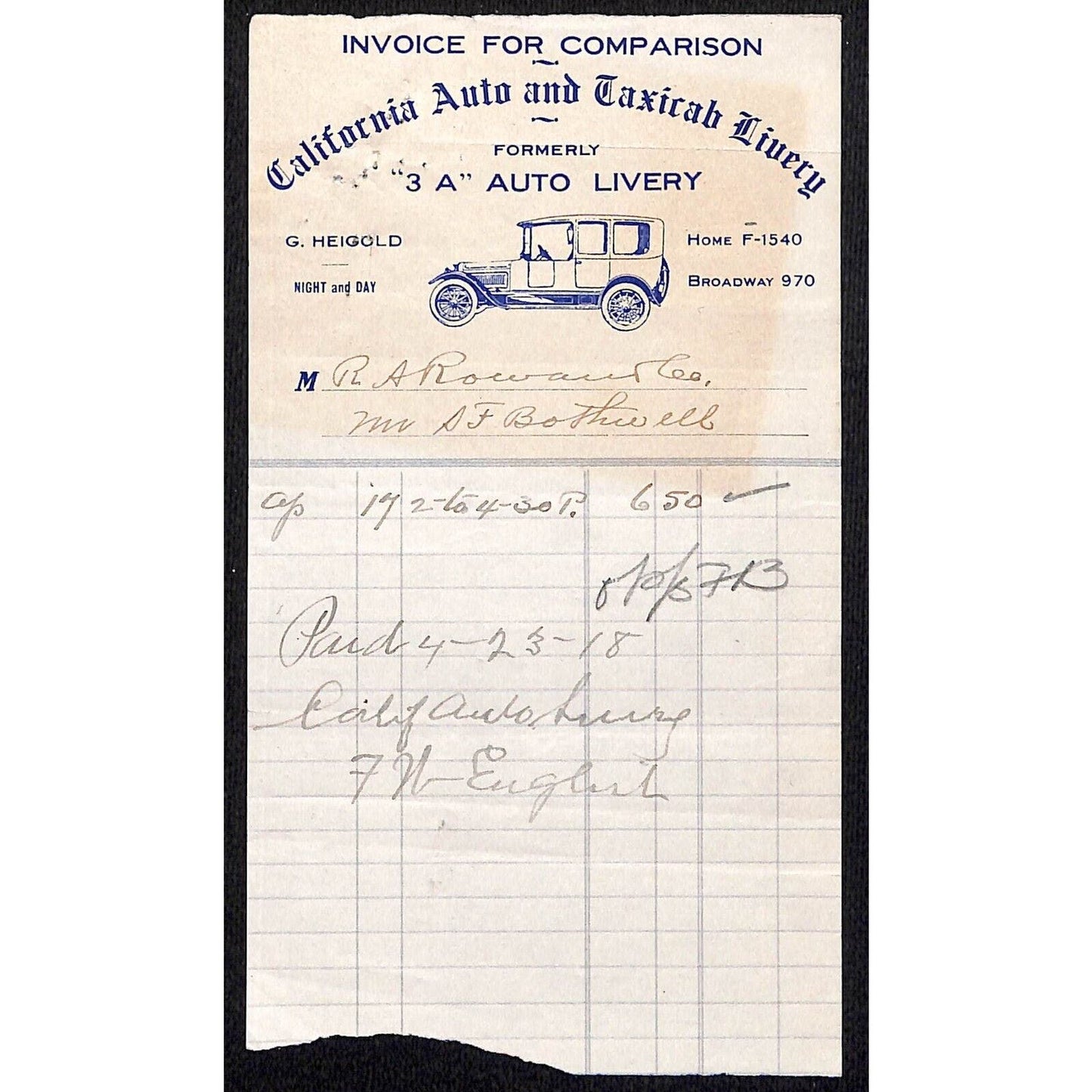 California Auto and Taxicab Livery April 17 1918 Billhead Letterhead R.A. Rowan
