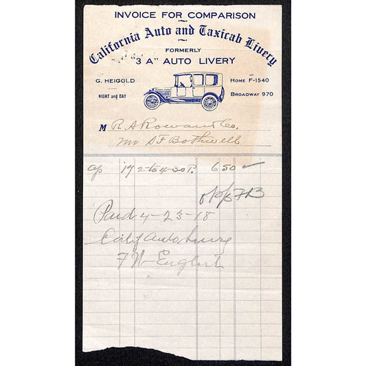 California Auto and Taxicab Livery April 17 1918 Billhead Letterhead R.A. Rowan