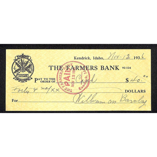 Kendrick, Idaho "The Farmers Bank" Bank Check 1936 w/ Wheat Map Art