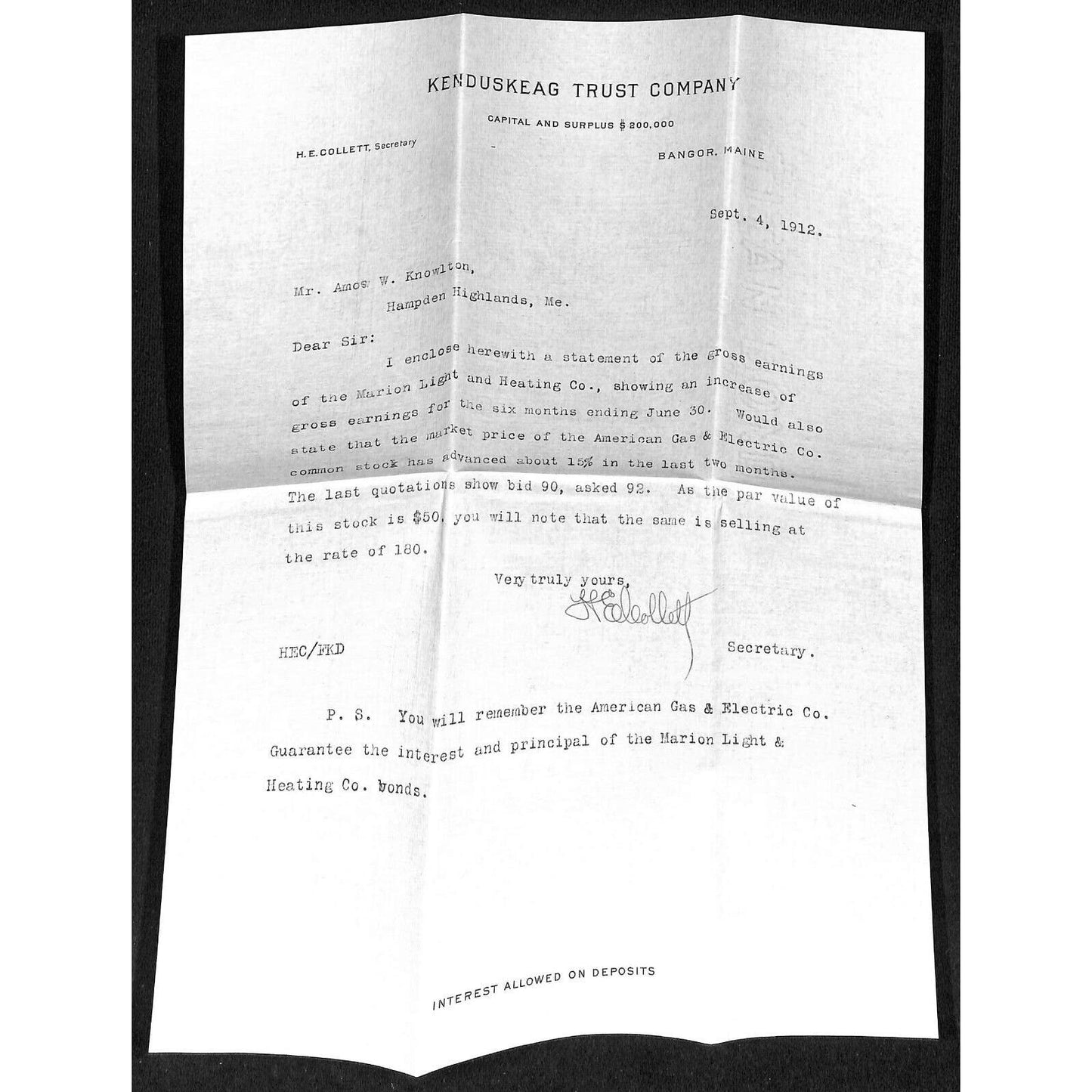 Bangor, ME Amos W. Knowlton* 1912 Kenduskeag Trust Co. Letterhead re: Earnings