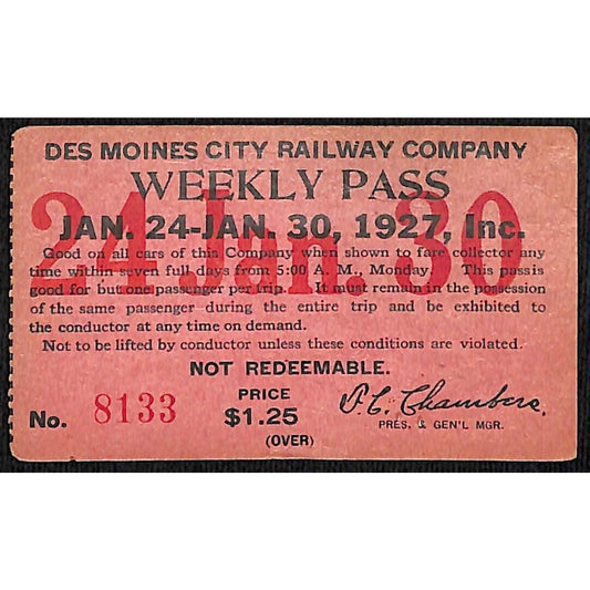 Des Moines Railway Railroad 1927 Weekly Pass w/ Capitol Theatre Adv. #8133