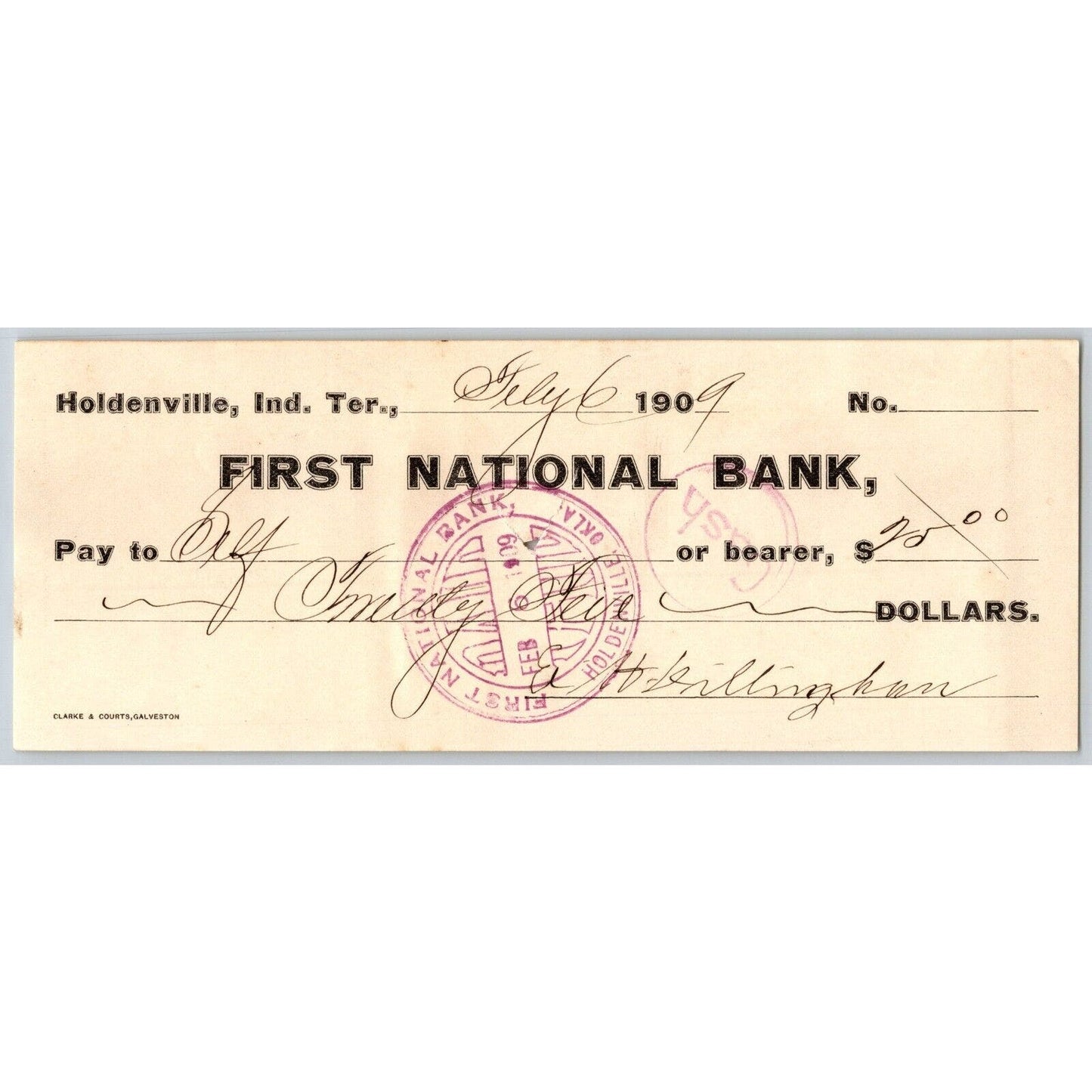 Holdenville, OK 1909 First National Bank Check w/ Bold "Paid" Ink Stamp