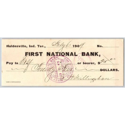 Holdenville, OK 1909 First National Bank Check w/ Bold "Paid" Ink Stamp