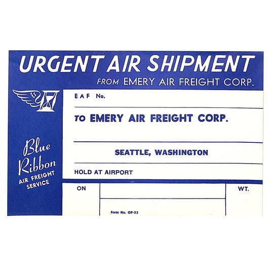 Emery Air Freight Corp. "Urgent Air Shipment" Large Gum Label c1953 Scarce