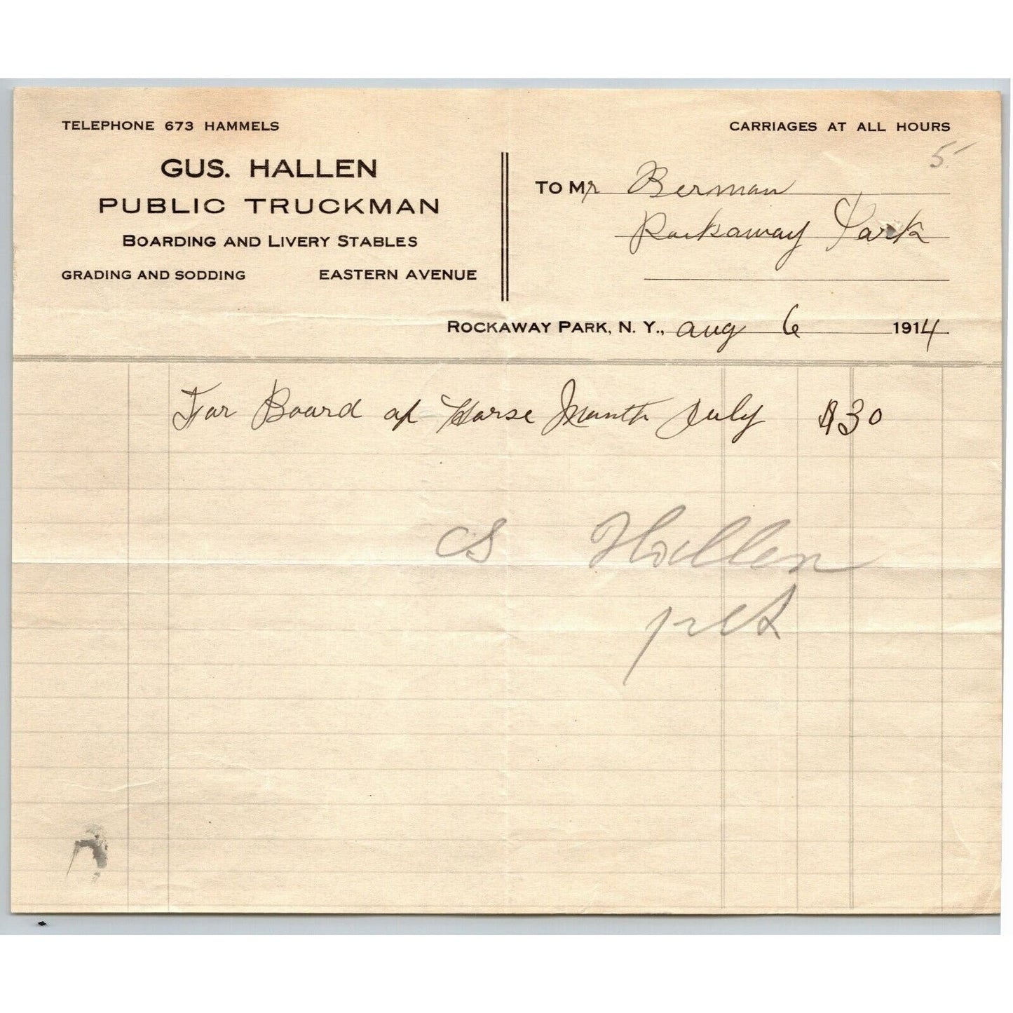 Gus Hallen Public Truckman Boarding Livery Stables 1914 Letterhead Signed