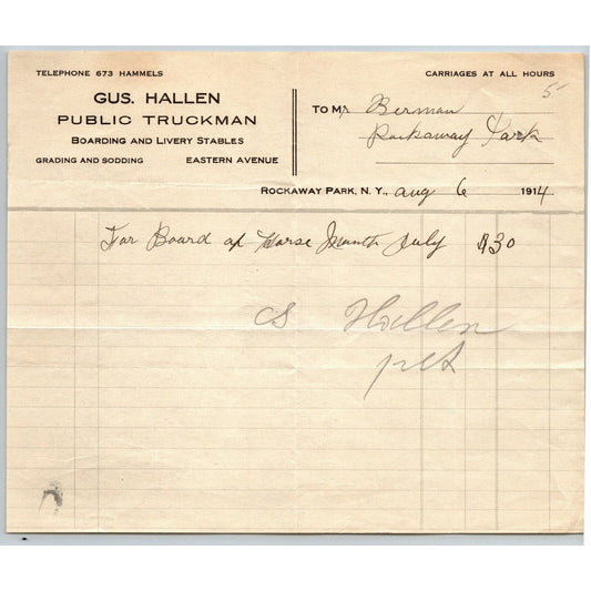 Gus Hallen Public Truckman Boarding Livery Stables 1914 Letterhead Signed