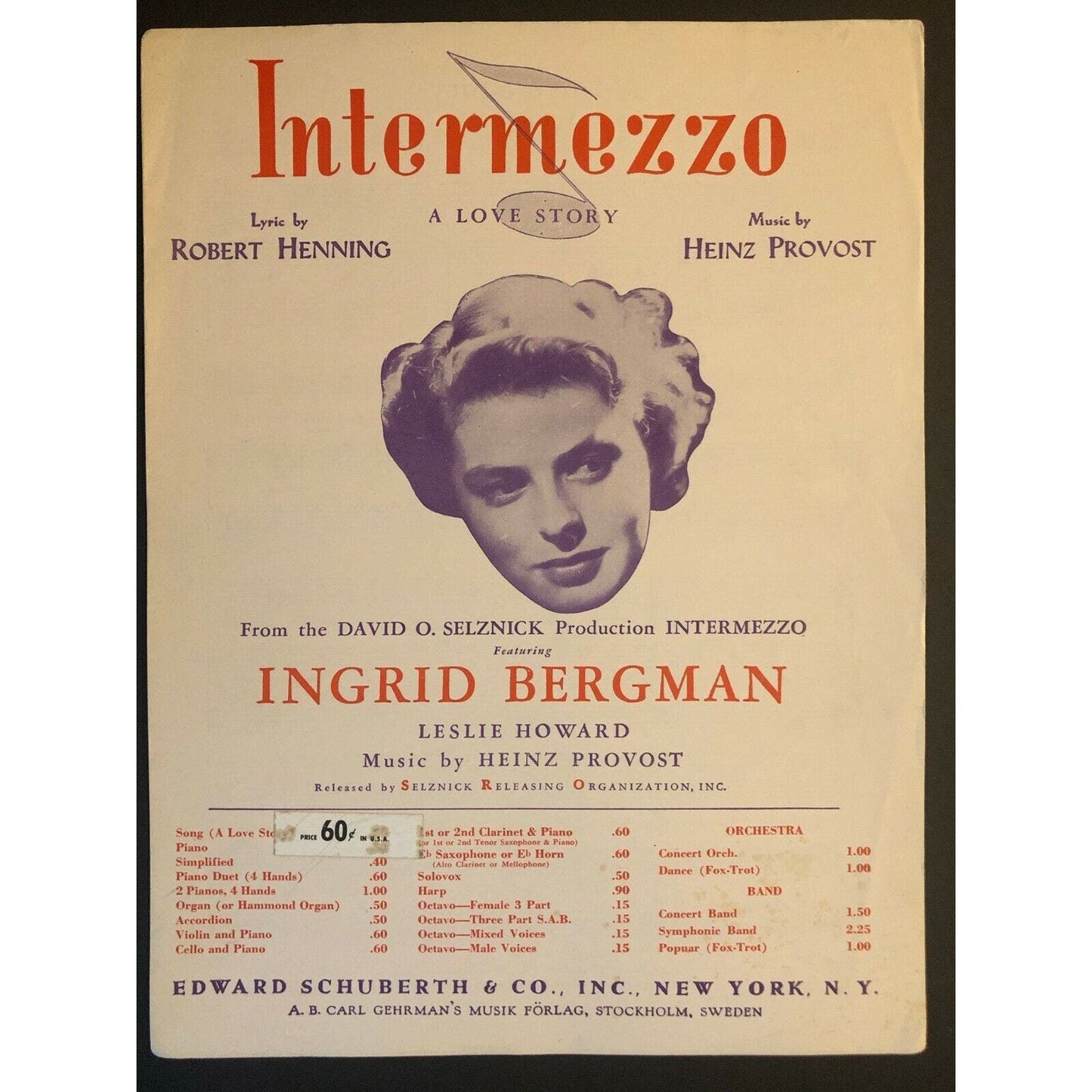 Vintage 1939 Sheet Music "Intermezzo" Robert Henning & Heinz Provost