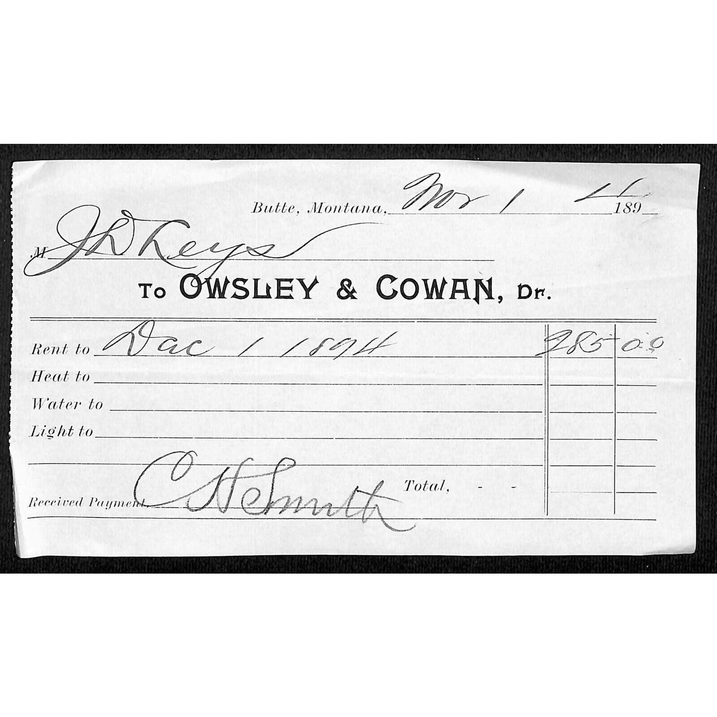 Butte Montana 1894 Owsley & Cowan (Livery & Boarding Stables) Billhead Receipt