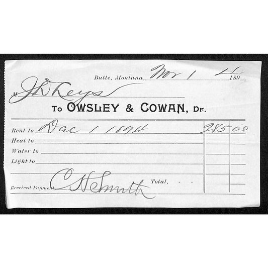 Butte Montana 1894 Owsley & Cowan (Livery & Boarding Stables) Billhead Receipt