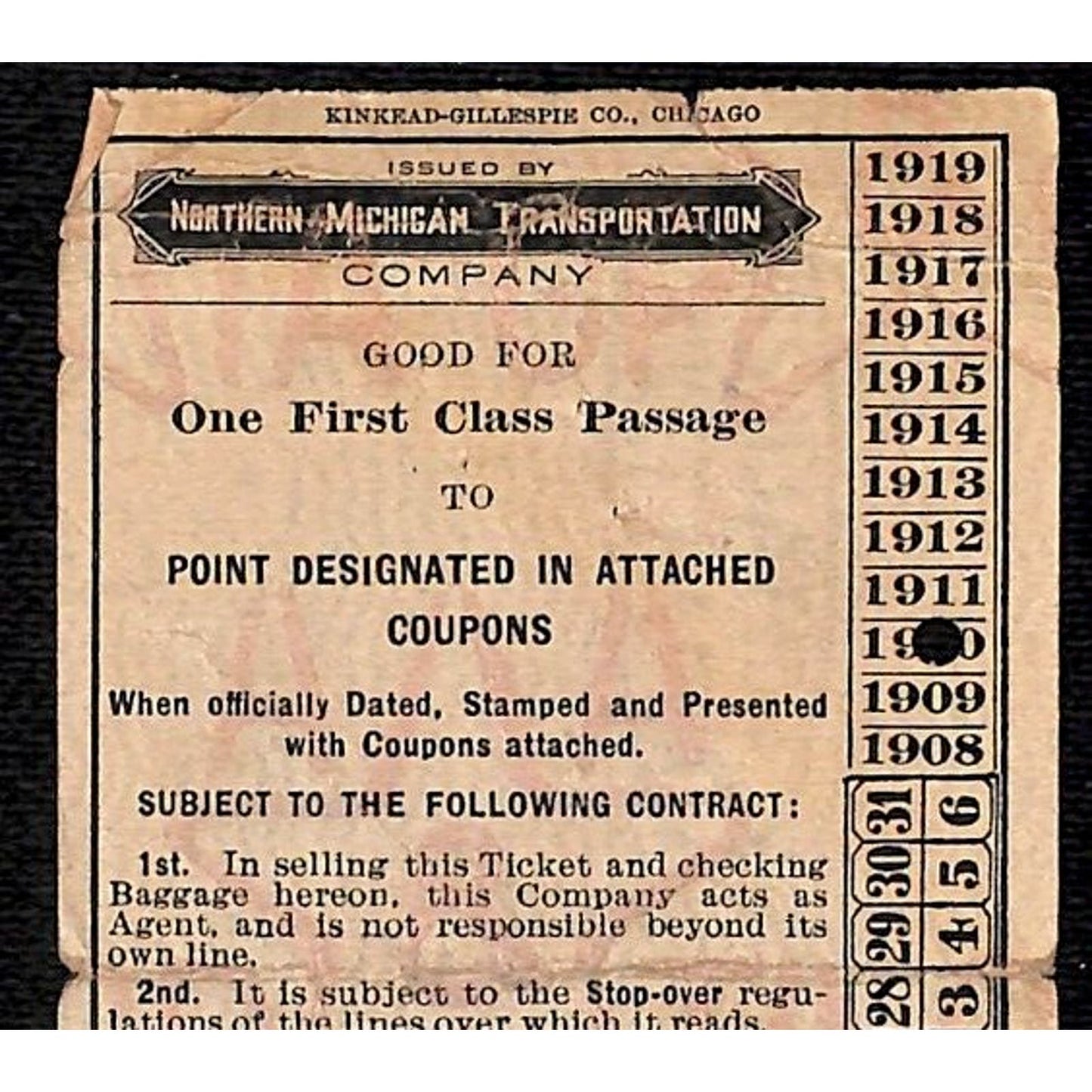 1910 Northern Michigan Transportation Co. Railroad Ticket Chicago to Dumont, IA