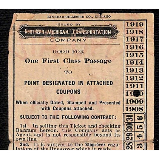 1910 Northern Michigan Transportation Co. Railroad Ticket Chicago to Dumont, IA
