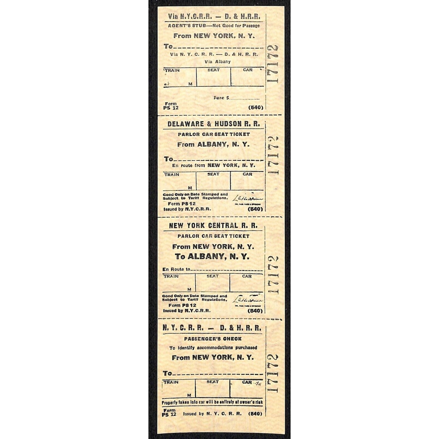 N.Y.C.R.R. - D. & H. R. R. New York / Albany SAMPLE Ticket c1960's Scarce #17172