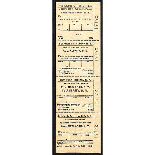 N.Y.C.R.R. - D. & H. R. R. New York / Albany SAMPLE Ticket c1960's Scarce #17172