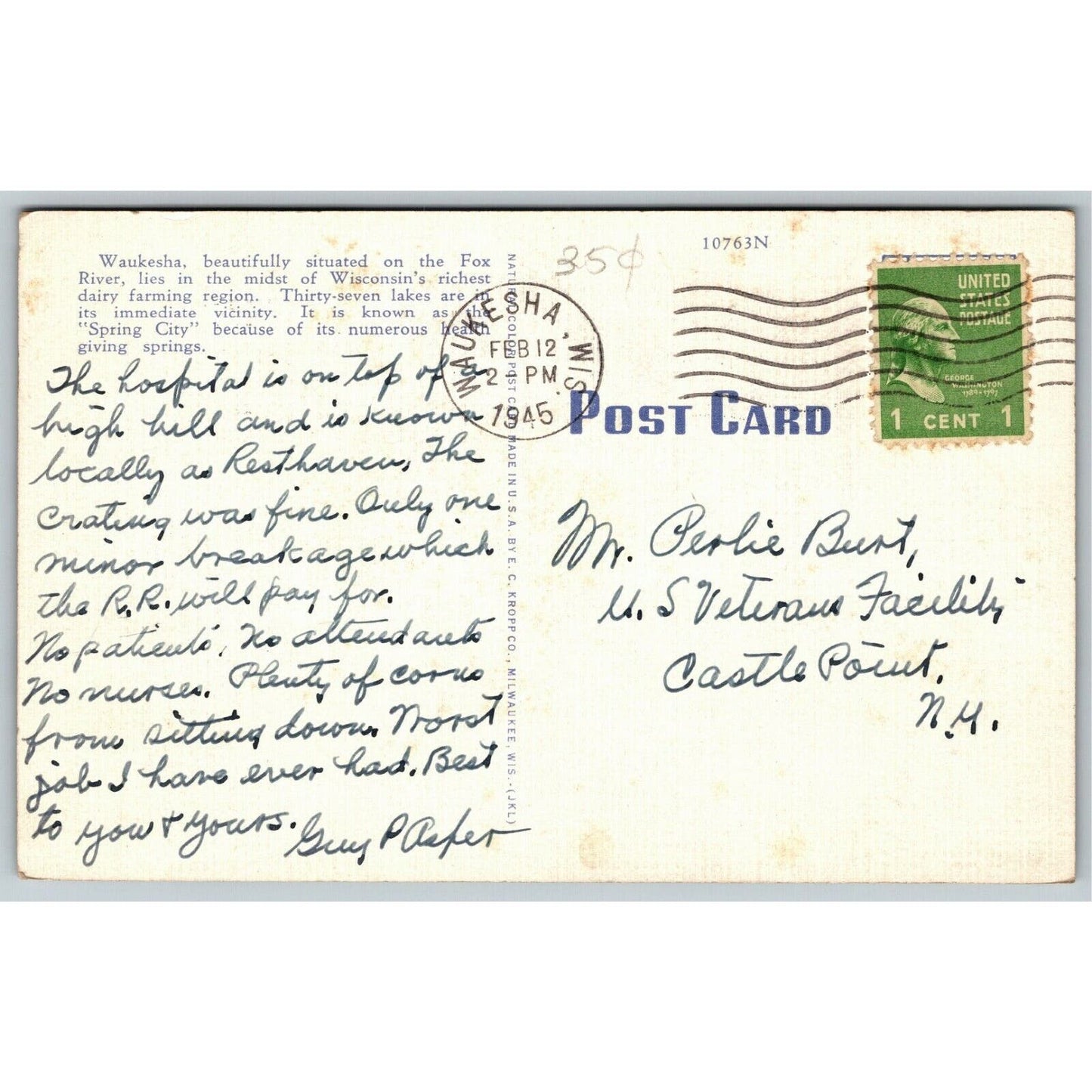 Vintage Linen Postcard U.S. Veterans' Administration, Waukesha Wisconsin