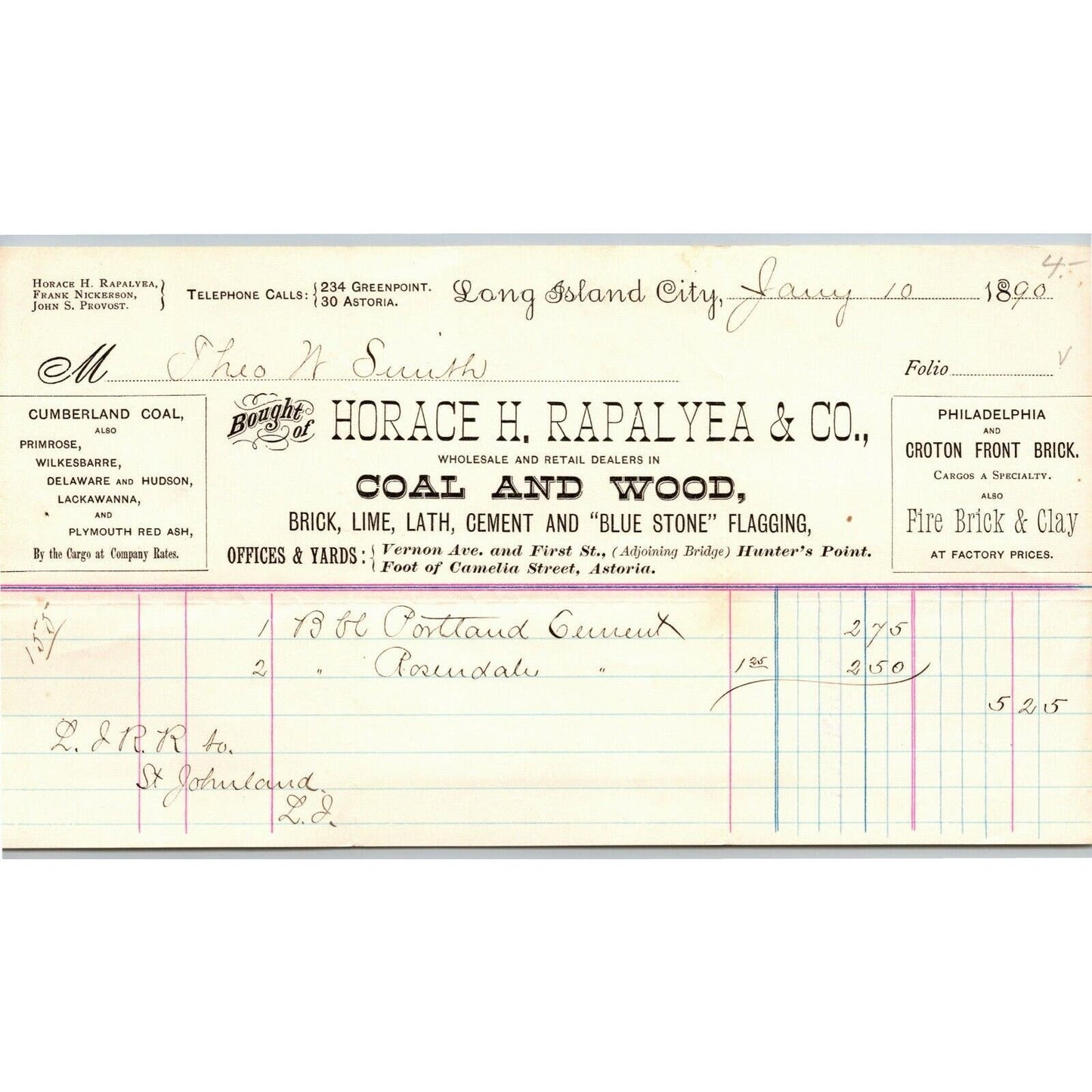 LIC, NY c1890 Letterhead Horace H. Rapalyea & Co. Coal and Wood Brick Cement