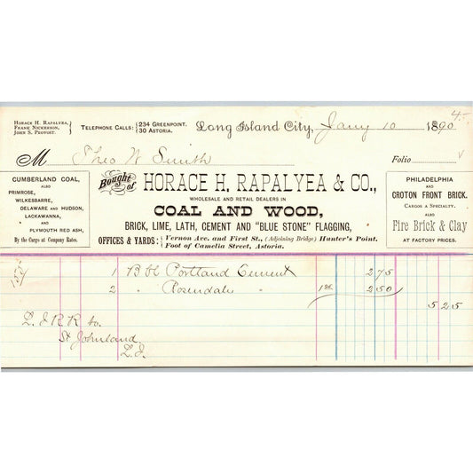 LIC, NY c1890 Letterhead Horace H. Rapalyea & Co. Coal and Wood Brick Cement