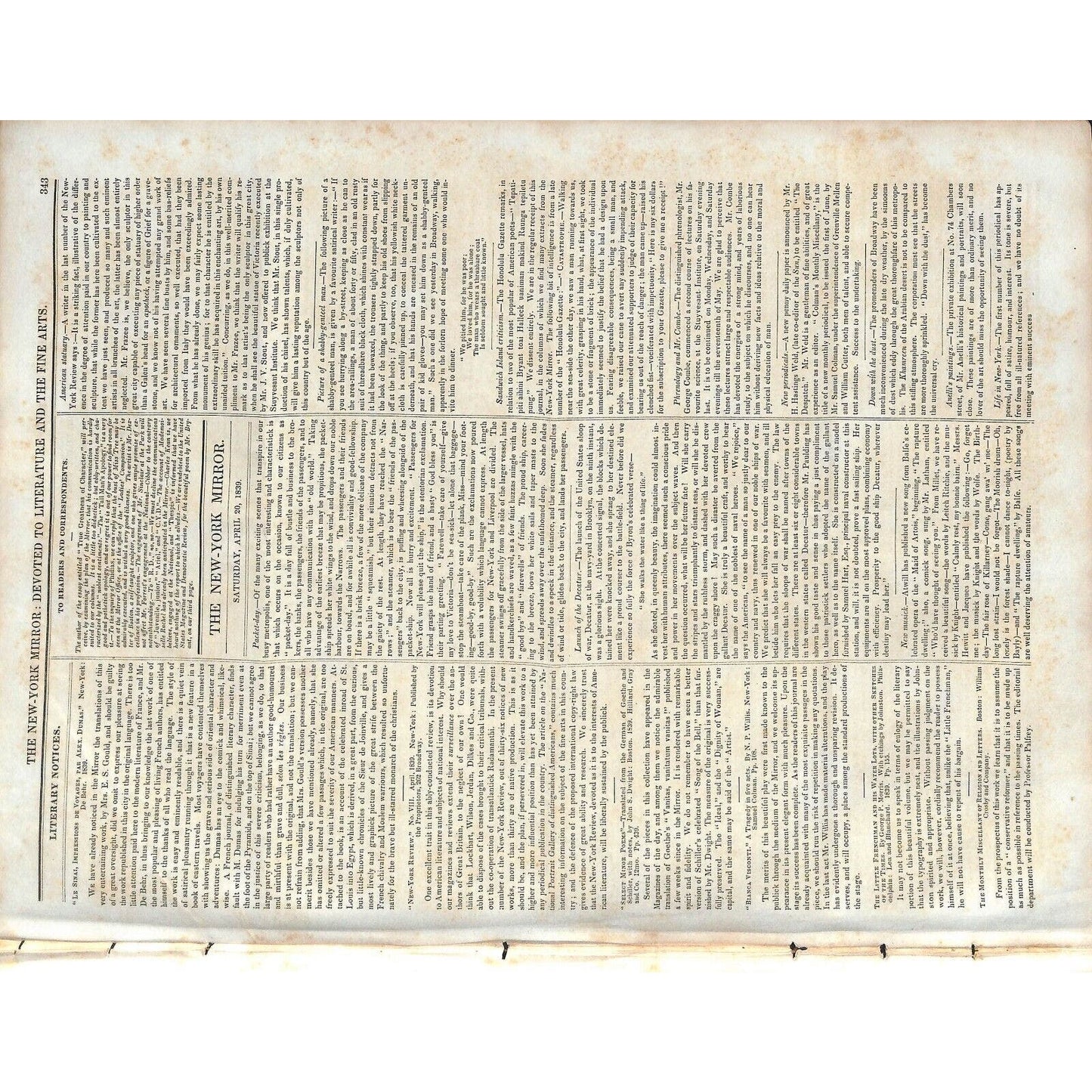 New-York Mirror Weekly Journal Literature Fine Arts Newspaper 4/20/1839