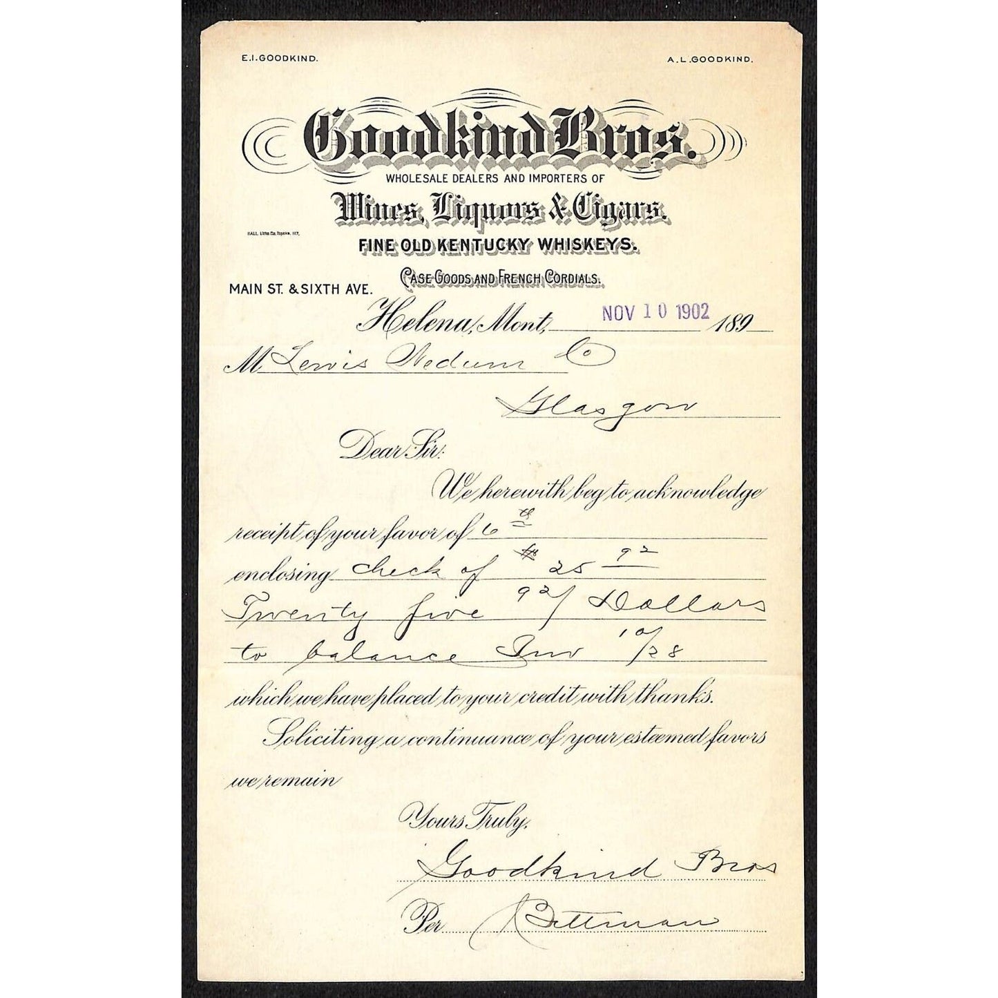 Helena, MT Goodkind Bros. Kentucky Whiskeys 1902 Payment Encl. Note Billhead
