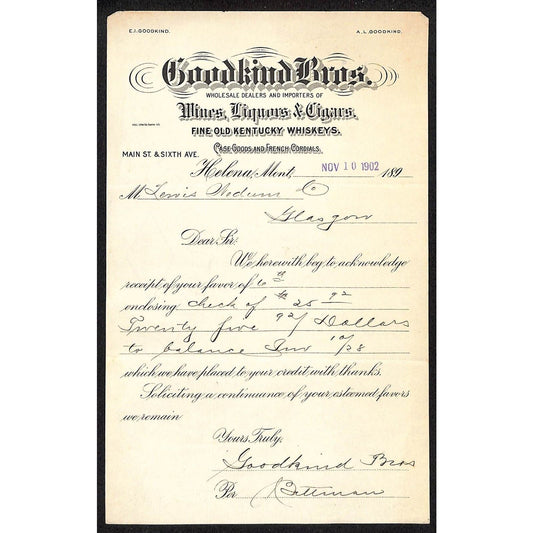 Helena, MT Goodkind Bros. Kentucky Whiskeys 1902 Payment Encl. Note Billhead