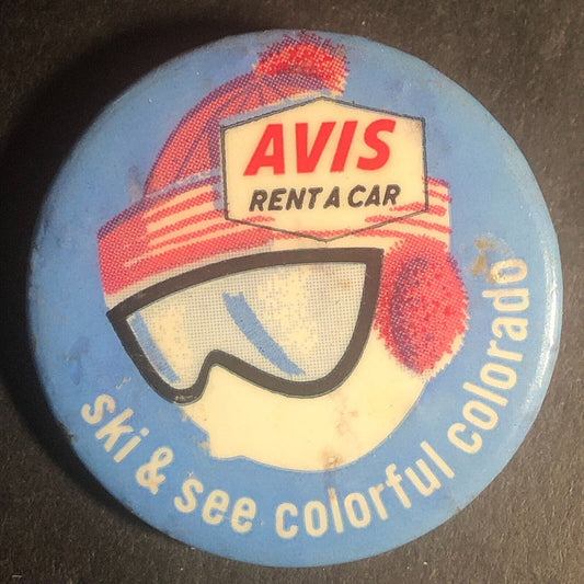 Avis Rent A Car "Ski & See Colorful Colorado" Steel Pinback Button c1960's-70's