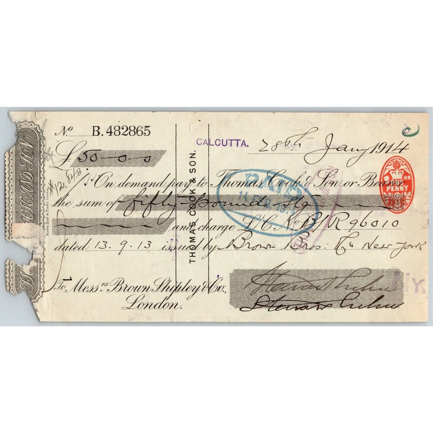 1914 Brown & Shipley Co. London Thomas Cook & Son $50 Bank Check Tax Stamps