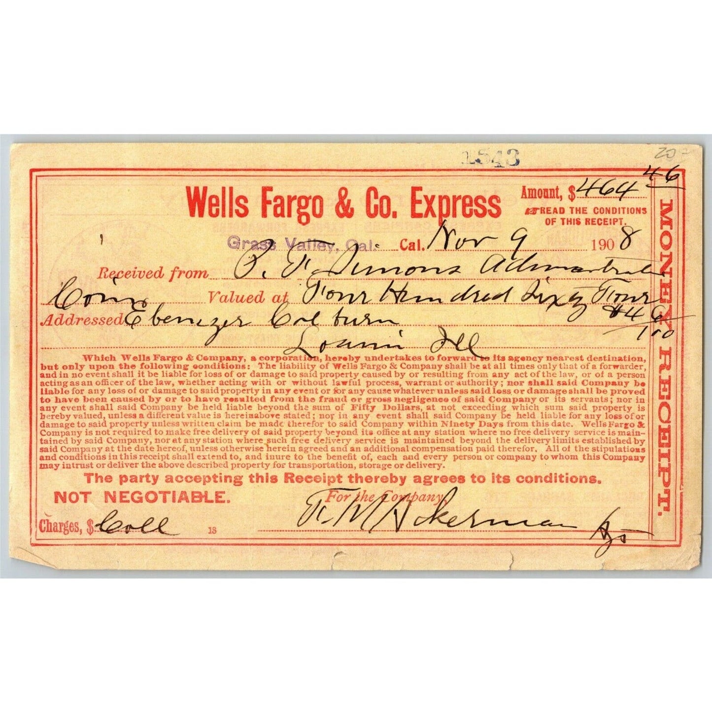 1908 Wells Fargo & Co Express - Grass Valley CA - $464.64 Money Receipt