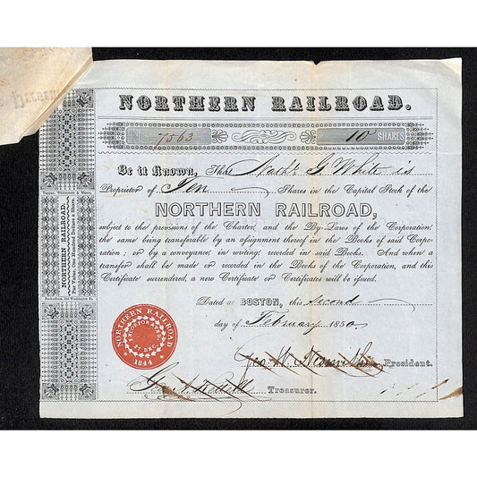 1850 Northern Railroad Stock Certificate w/ Affixed Power of Attorney Document