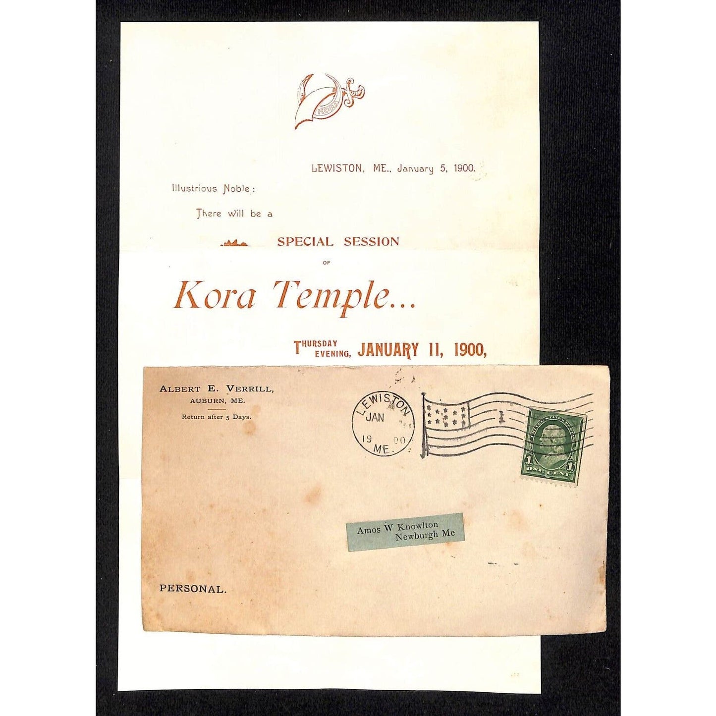 Newburgh, ME Amos W. Knowlton* 1900 Lewiston "Kora Temple" Installation Notice