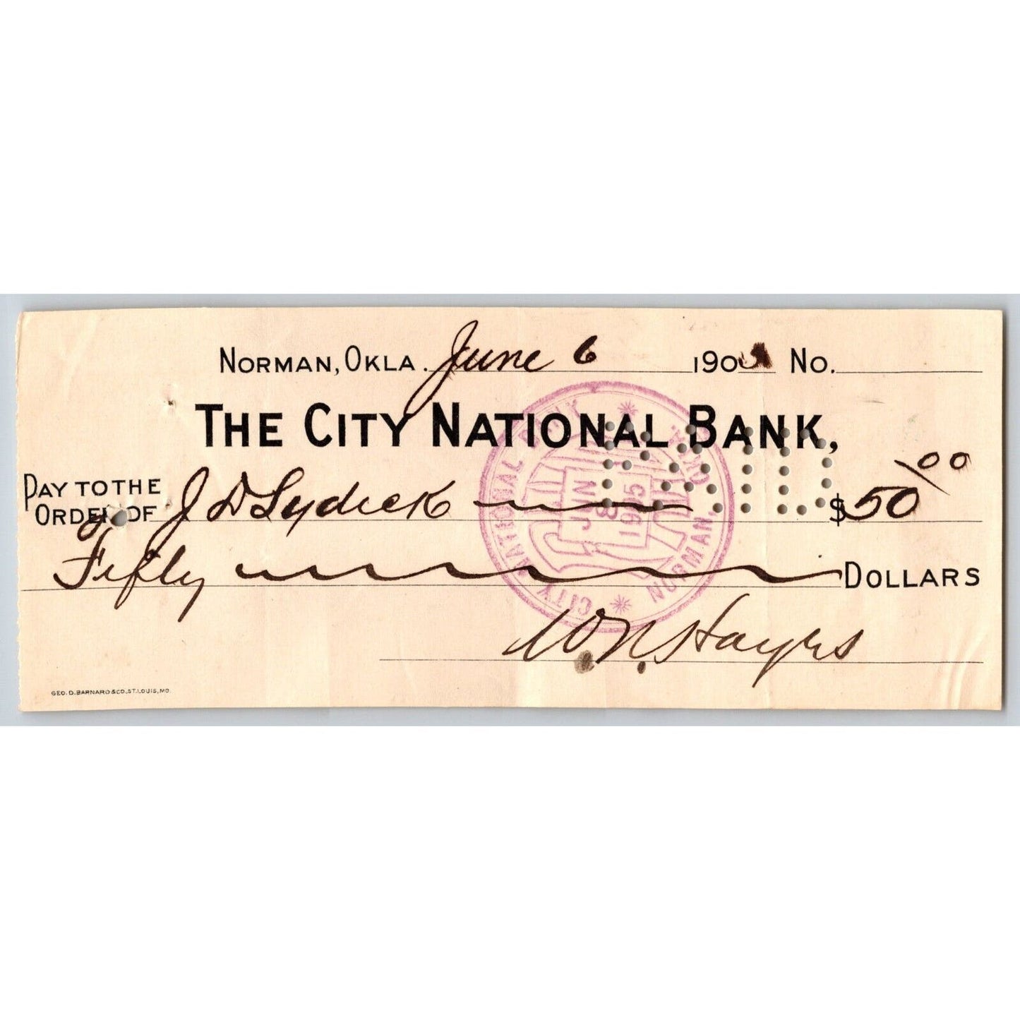 Norman, Oklahoma Territory 1905 $50 "City National Bank" Check - Scarce