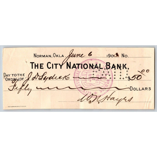 Norman, Oklahoma Territory 1905 $50 "City National Bank" Check - Scarce