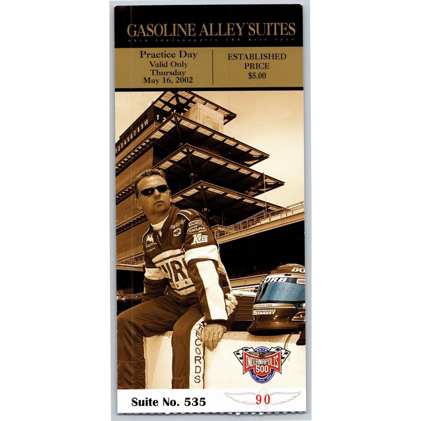 2002 Indy 500 Practice Day Gasoline Alley Suites Ticket Stub IMS #90