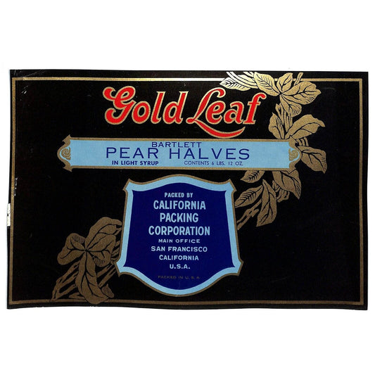 1943 Paper Can Label Gold Leaf Brand Bartlett Pear Halves Light - VGC - Scarce