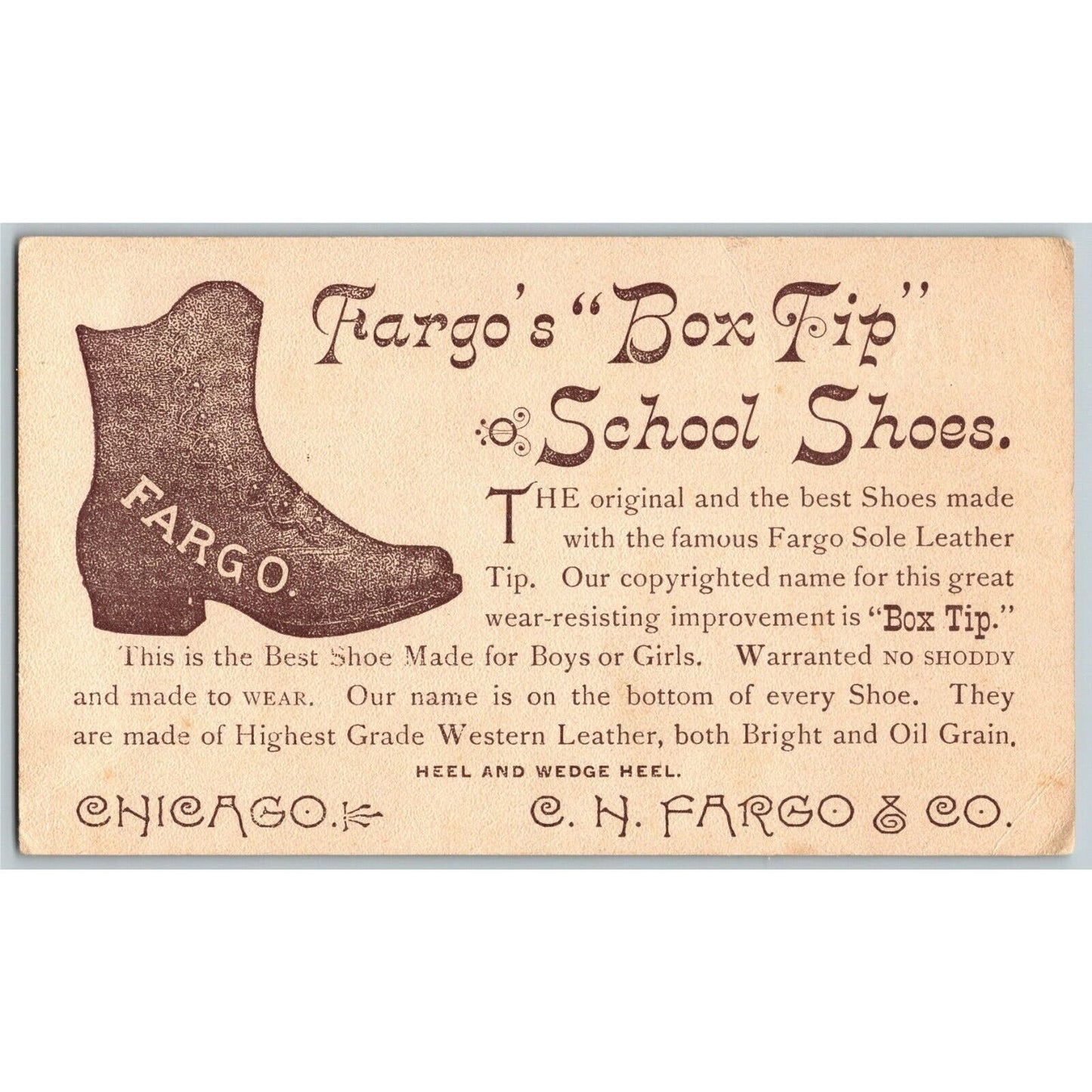 Large Scarce 1893 Chicago World's Fair Trade Card C. H. Fargo & Co. School Shoes