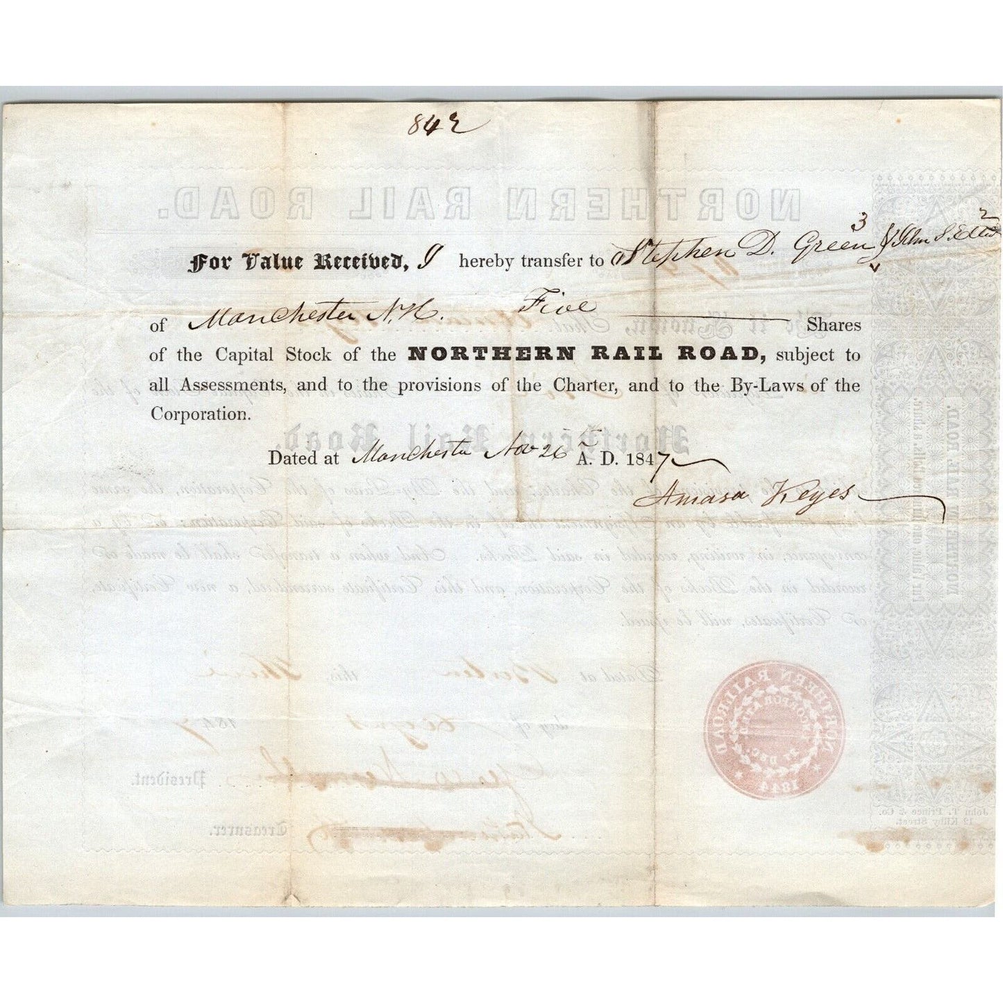 1847 Boston, MA Northern Railroad Stock Certificate No. 674 for 5 Shares