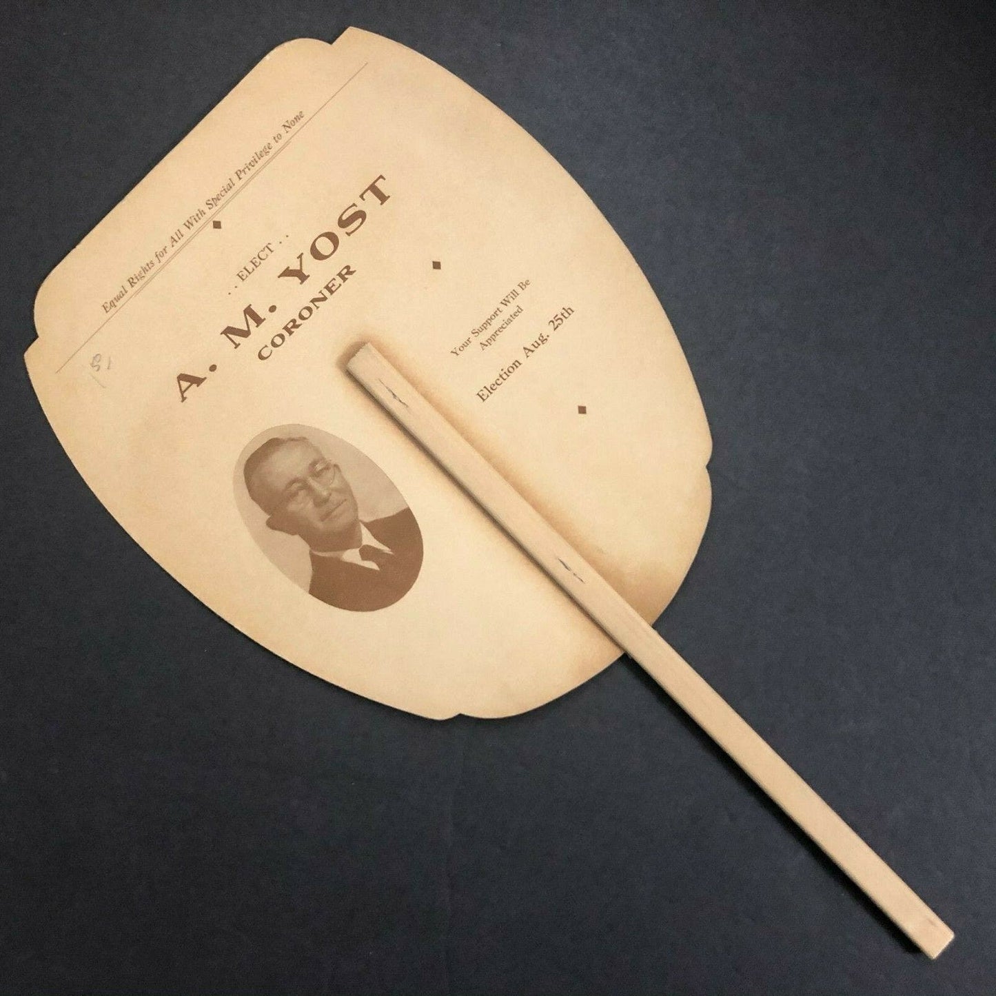 c1940 Advertising Hand Paper Fan "Elect A. M. Yost for Coroner" (Fresno) Cowboy