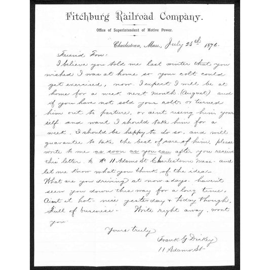 Fitchburg Railroad Co Charleston, MASS 1876 From Frank G. Dickey ALS Letterhead