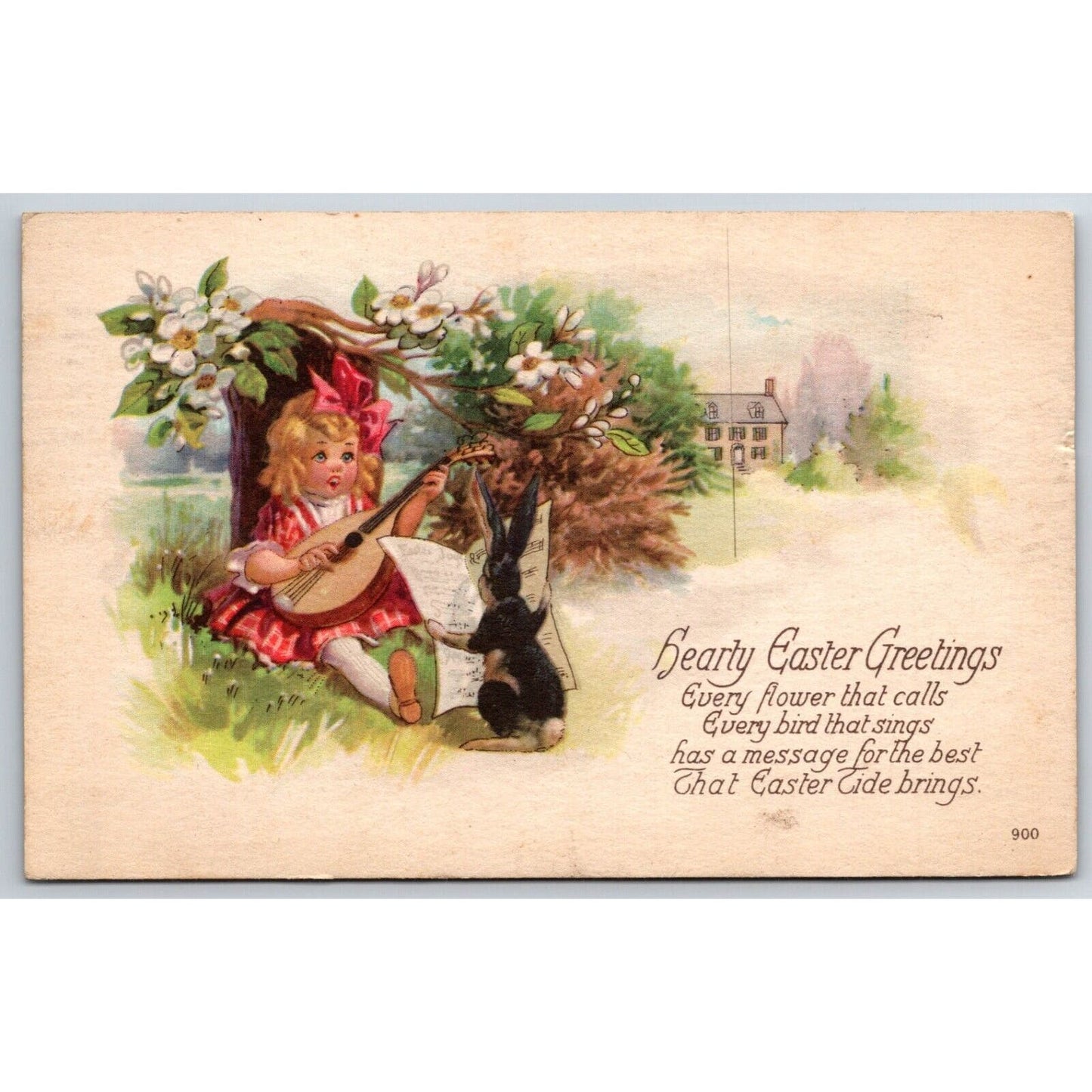 Easter Postcard Girl Plays Mandolin Bunny Holds Sheet Music PM 1922