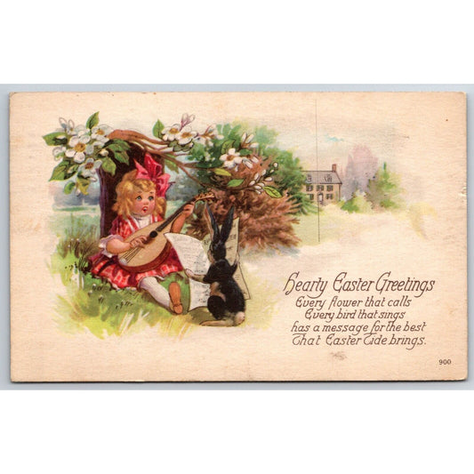 Easter Postcard Girl Plays Mandolin Bunny Holds Sheet Music PM 1922