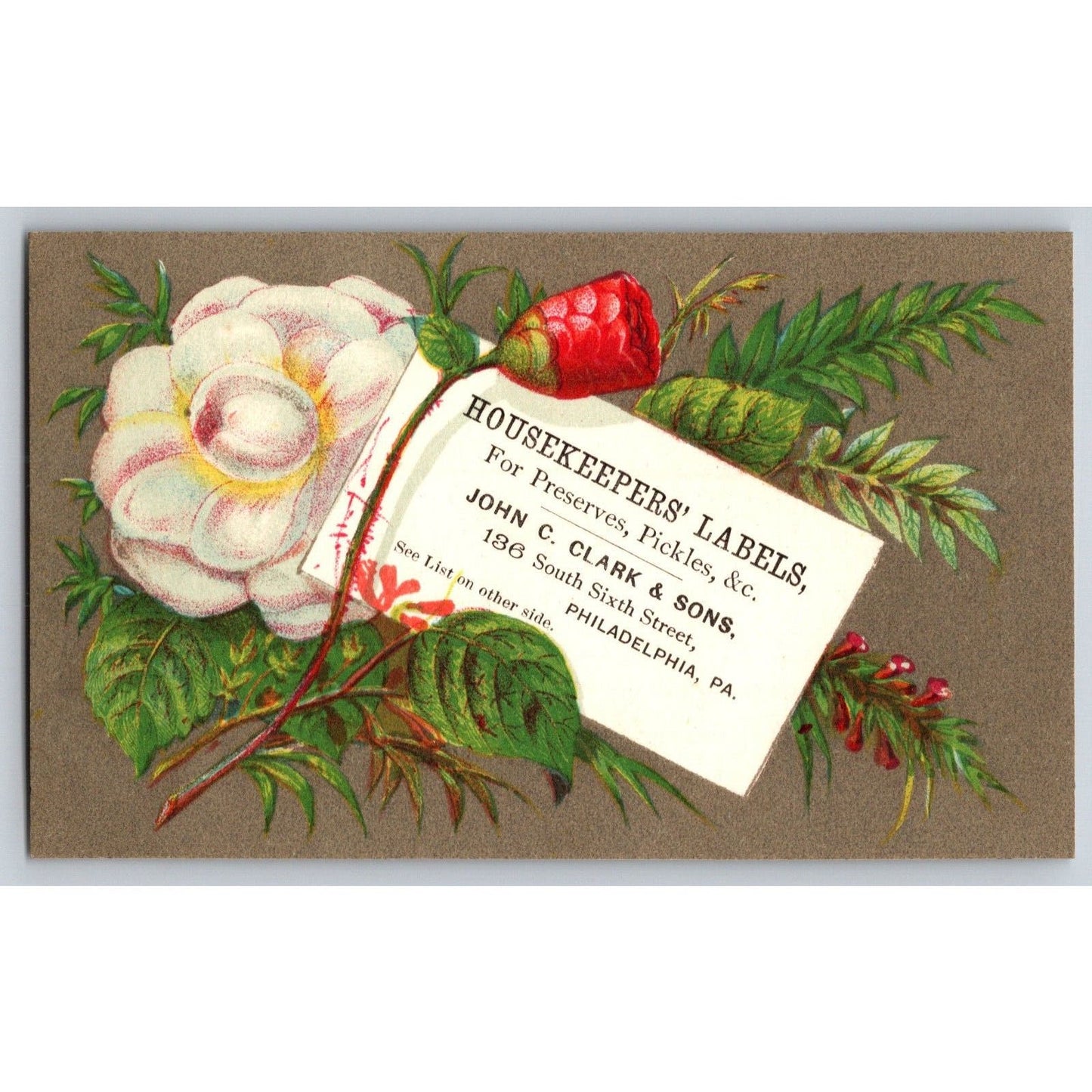 John C. Clark Philadelphia Housekeeping Labels Victorian Trade Card Pickles