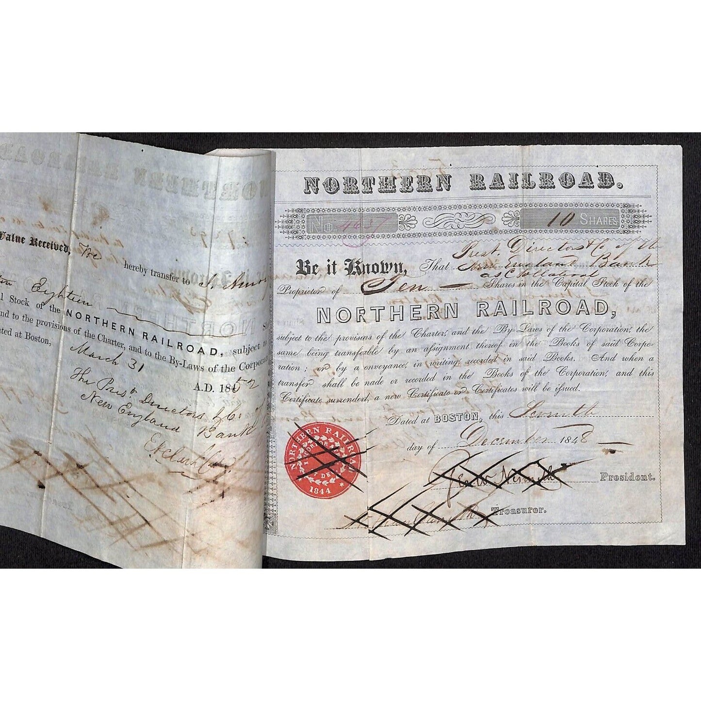 1848 & 1849 Northern R.R. Stock Certificates "New England Bank, as Collateral"