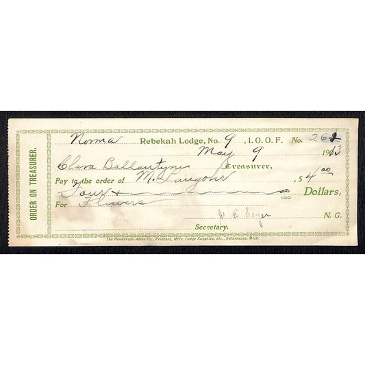 IOOF Odd Fellows Rebekah Lodge No.9 1913 - Receipt / Billhead