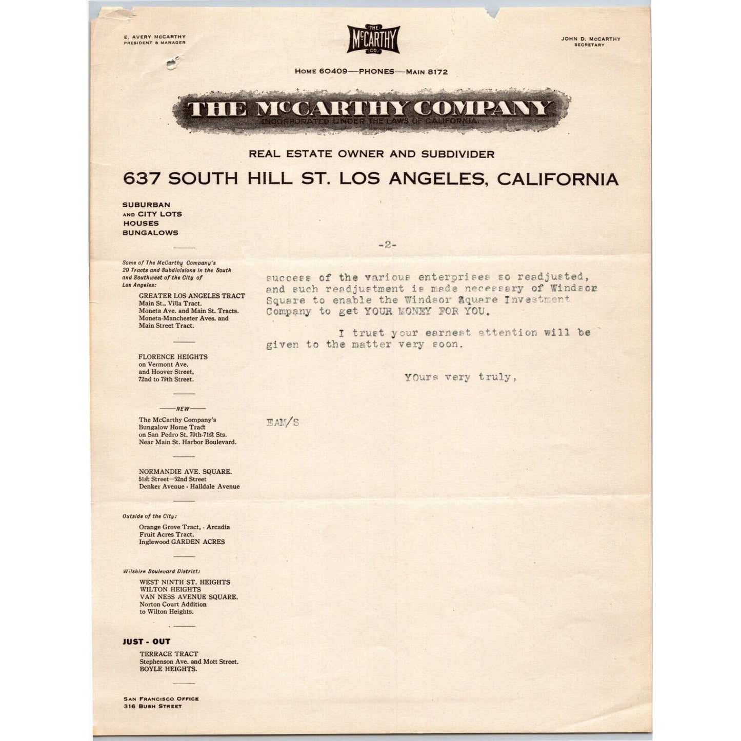 McCarthy Co. Real Estate Owner 1916 Letterhead re: "Moral Responsibility" 2pp